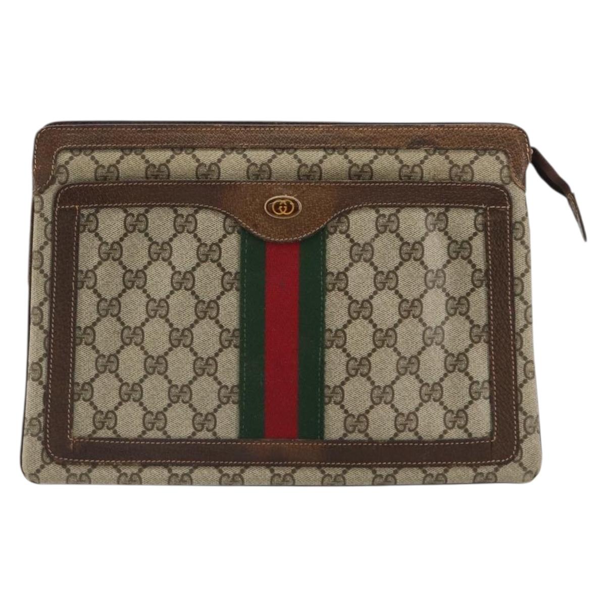GUCCI GG Supreme Web Sherry Line Clutch Bag PVC Beige Gold Auth 182207