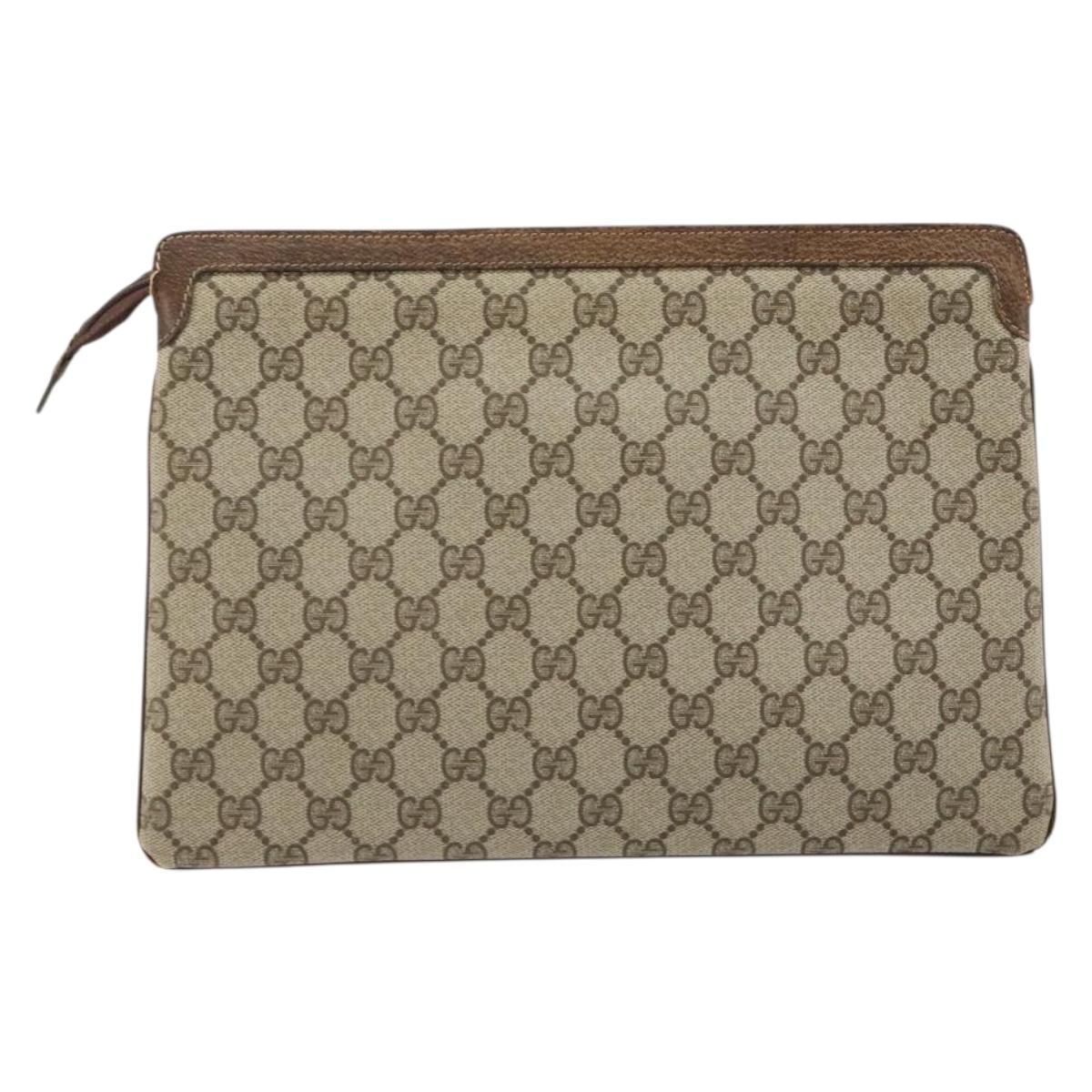 GUCCI GG Supreme Web Sherry Line Clutch Bag PVC Beige Gold Auth 182207