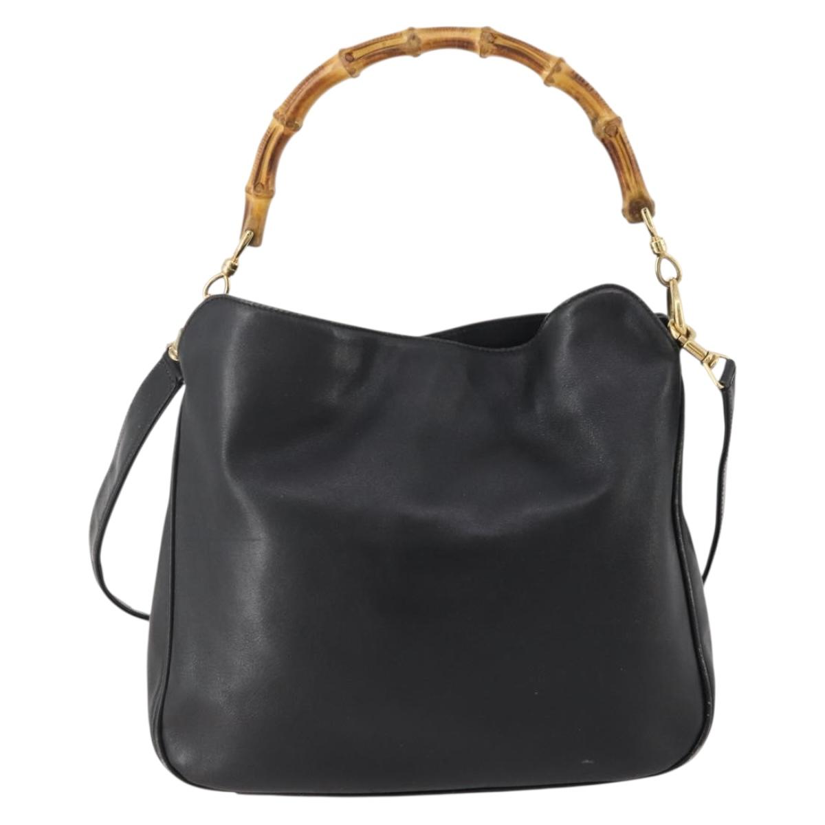GUCCI Bamboo Shoulder Bag Leather 2way Black Gold 001 3444 1638 Auth 182216