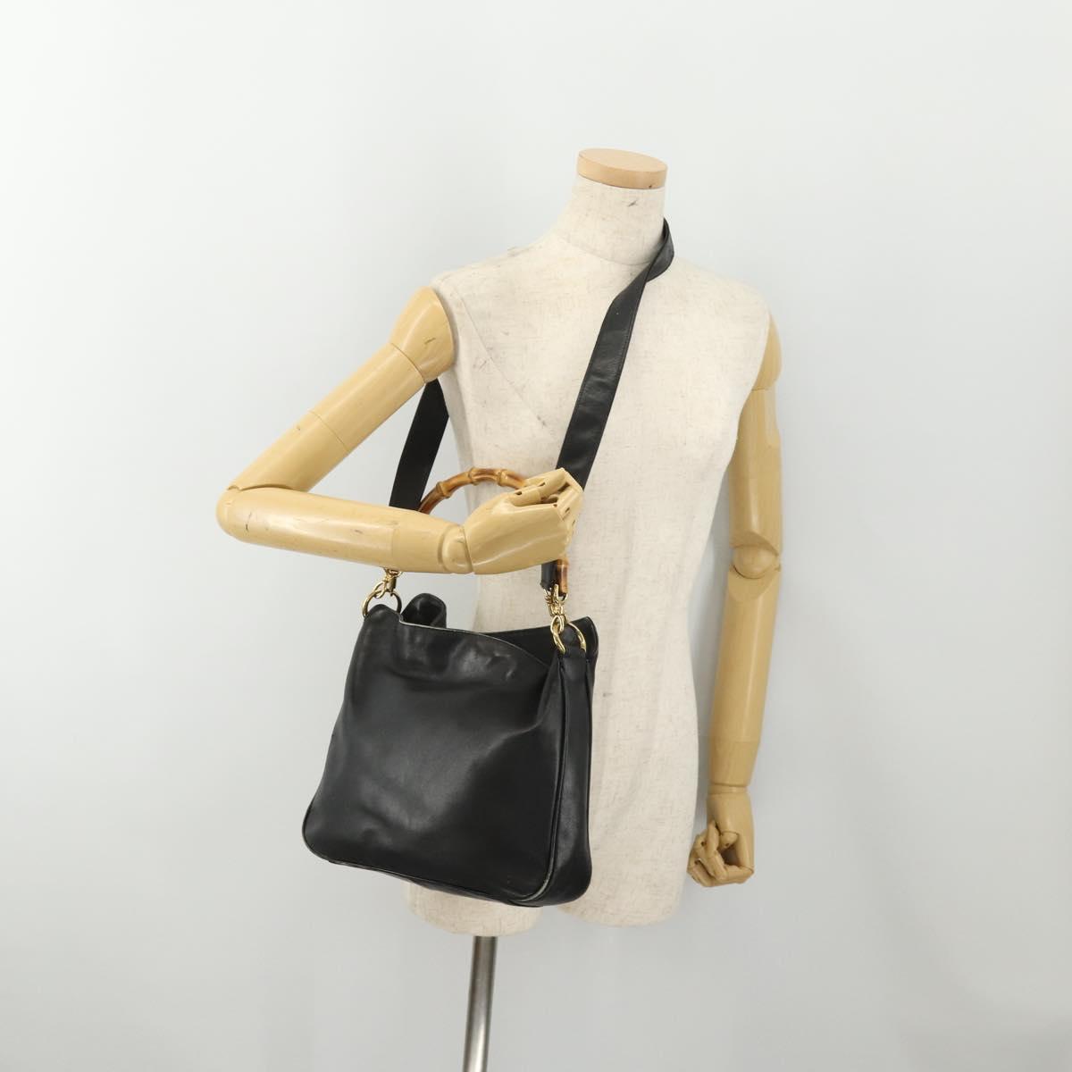 GUCCI Bamboo Shoulder Bag Leather 2way Black Gold 001 3444 1638 Auth 182216
