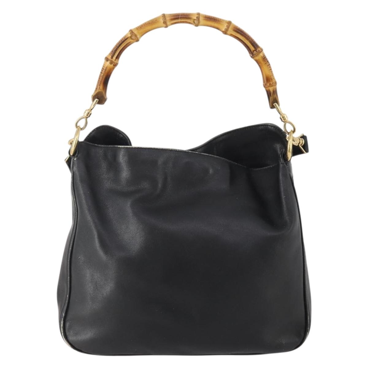 GUCCI Bamboo Shoulder Bag Leather 2way Black Gold 001 3444 1638 Auth 182216