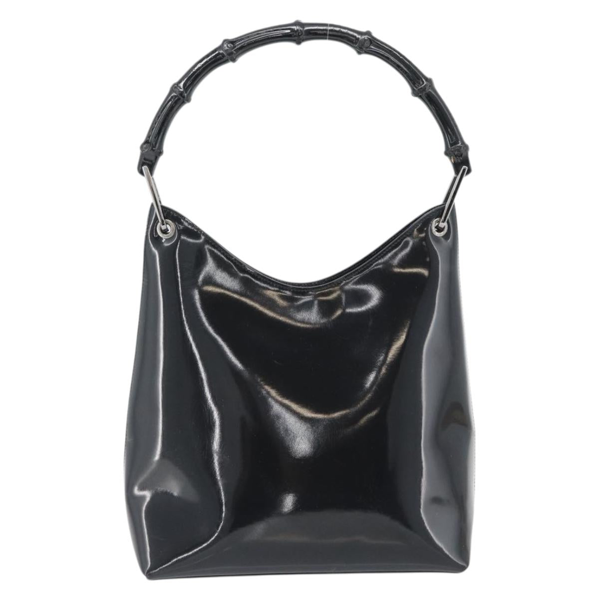 GUCCI Bamboo Shoulder Bag Patent leather Black Silver Auth 182217
