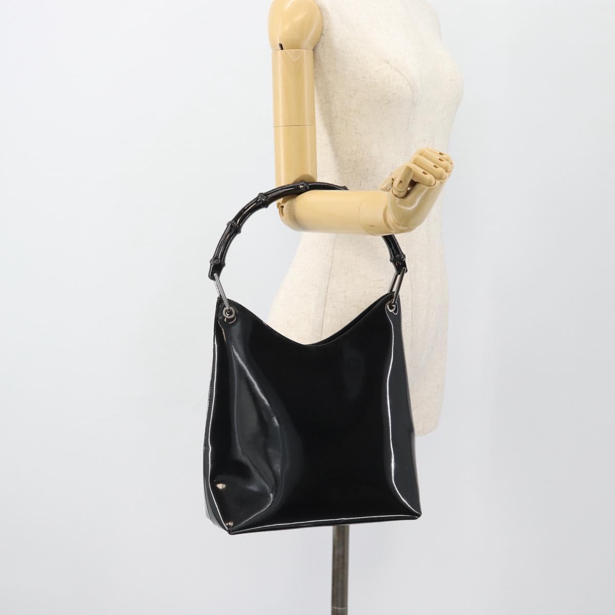 GUCCI Bamboo Shoulder Bag Patent leather Black Silver Auth 182217