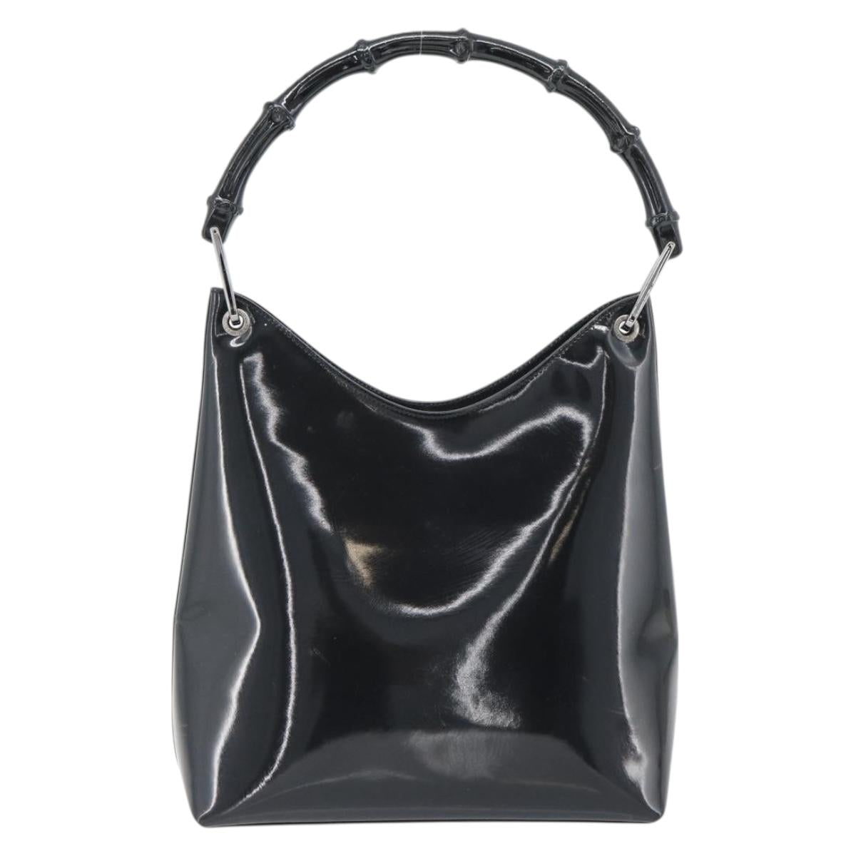 GUCCI Bamboo Shoulder Bag Patent leather Black Silver Auth 182217