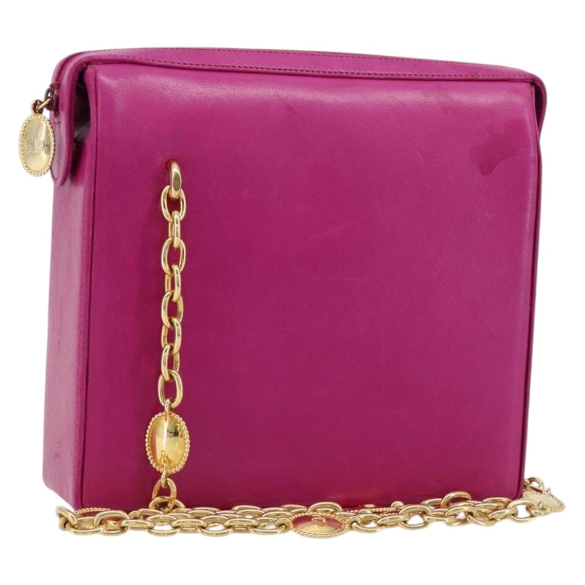 Christian Dior Chain Shoulder Bag Leather Pink Gold Auth 182225A