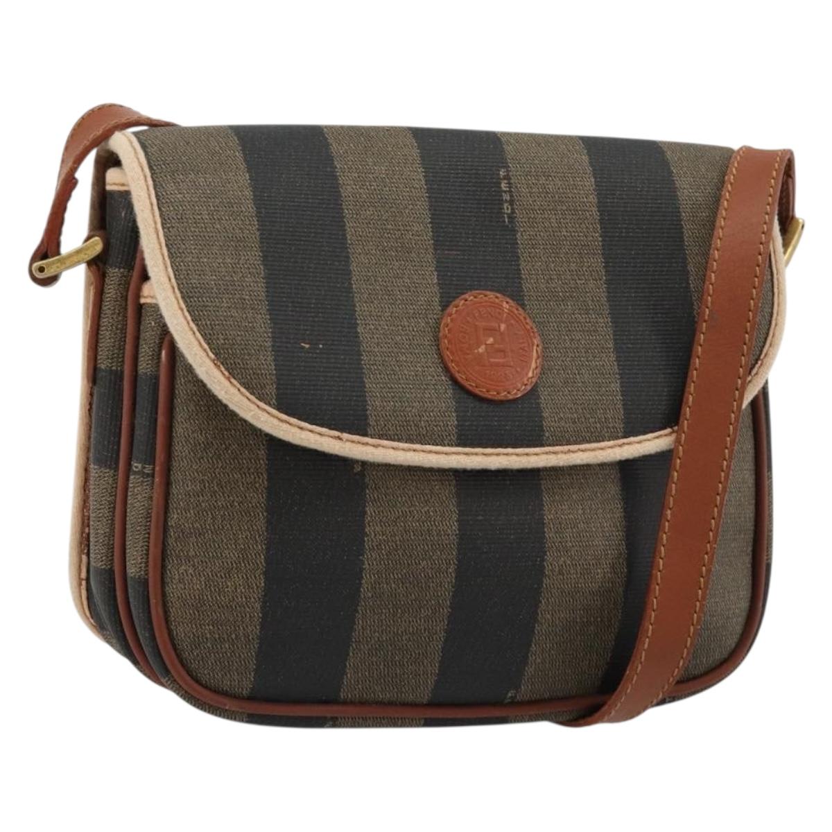 FENDI Pecan Canvas Shoulder Bag PVC Brown Gold Auth 182229