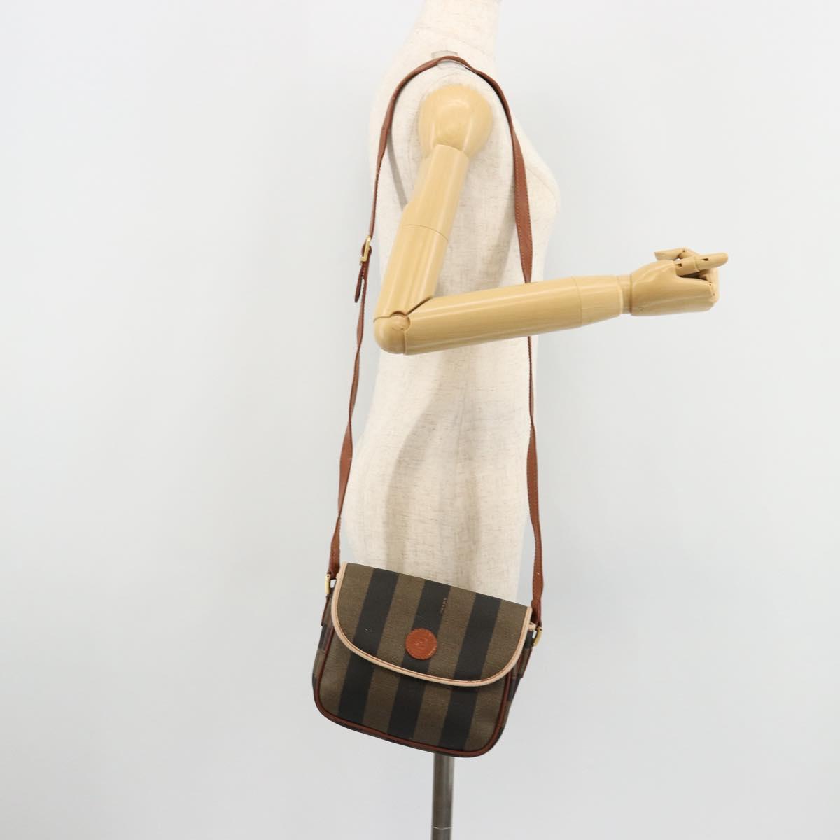 FENDI Pecan Canvas Shoulder Bag PVC Brown Gold Auth 182229