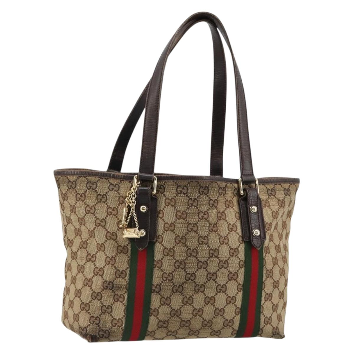 GUCCI GG Canvas Web Sherry Line Tote Bag Beige Red Green 137396 Auth 182230