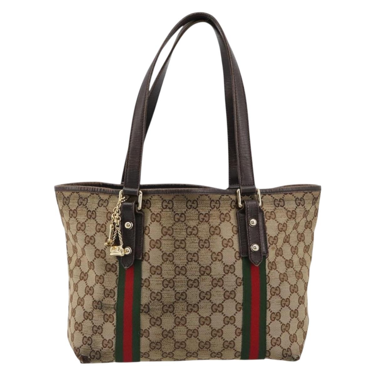 GUCCI GG Canvas Web Sherry Line Tote Bag Beige Red Green 137396 Auth 182230