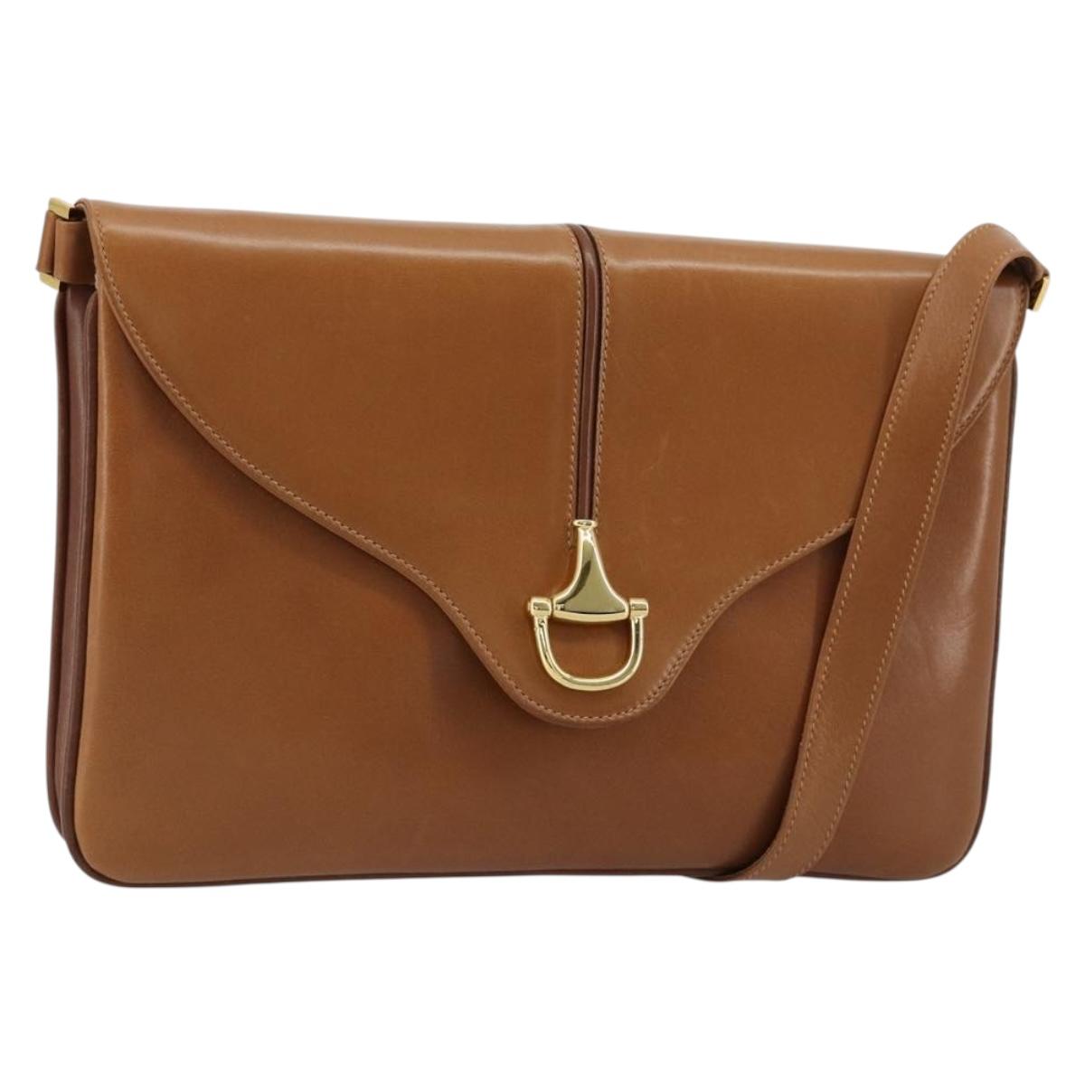 GUCCI Horsebit Shoulder Bag Leather Beige Gold Auth 182233A