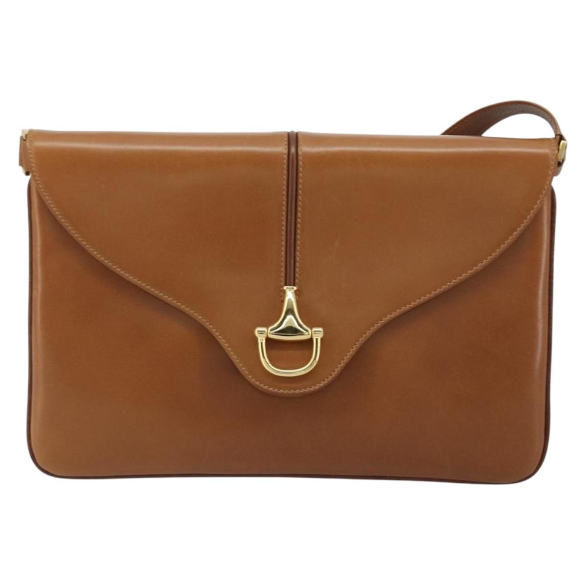 GUCCI Horsebit Shoulder Bag Leather Beige Gold Auth 182233A