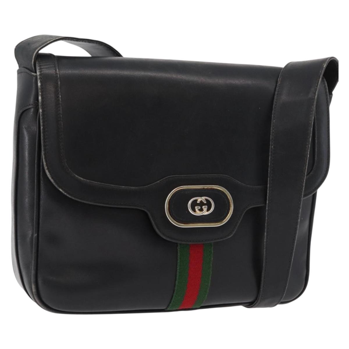 GUCCI Web Sherry Line Shoulder Bag Leather Black Gold Auth 182260