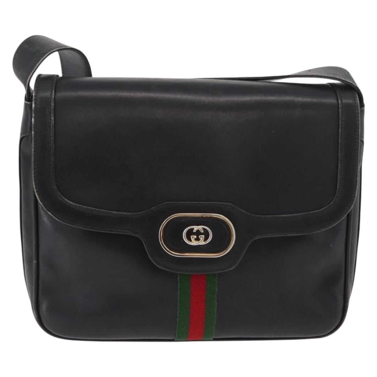 GUCCI Web Sherry Line Shoulder Bag Leather Black Gold Auth 182260