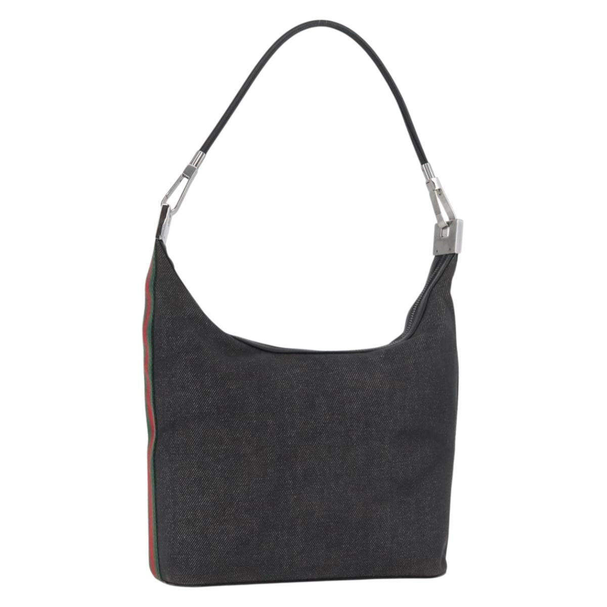GUCCI Web Sherry Line Shoulder Bag Canvas Black Silver 01234 002058 Auth 182262