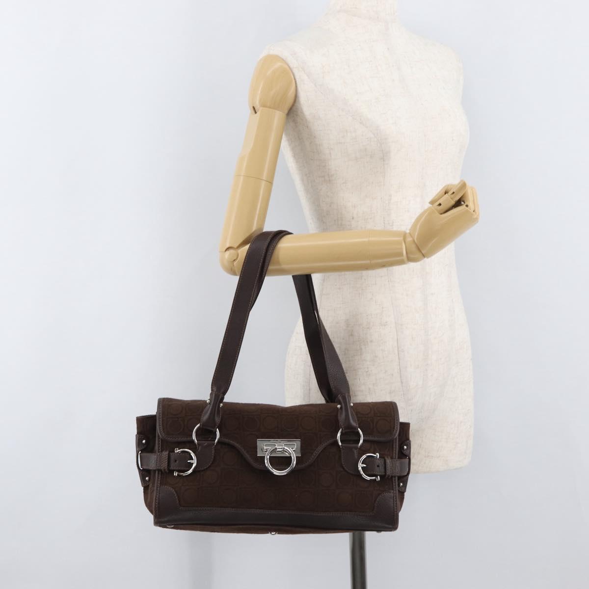 Salvatore Ferragamo Gancini Hand Bag Suede Brown Silver Auth 182264A