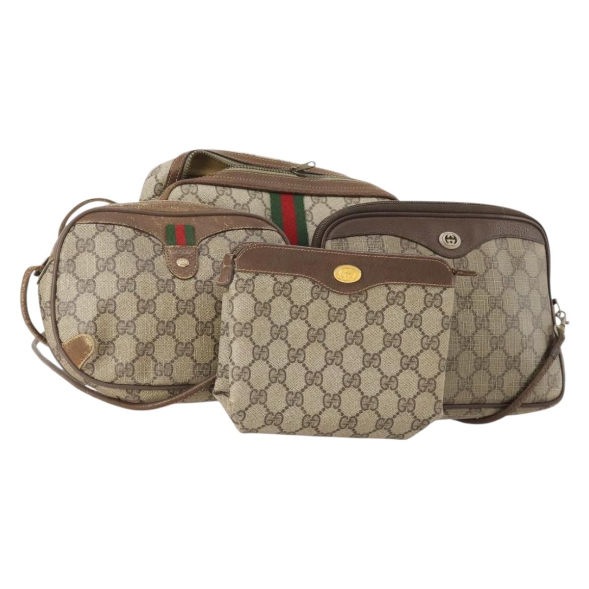 GUCCI GG Supreme Web Sherry Line Shoulder Bag PVC 4 Set Beige Gold Auth 182269