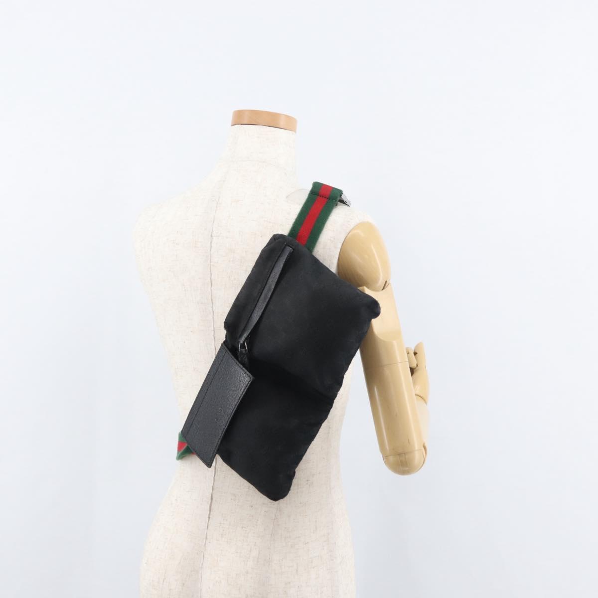 GUCCI GG Canvas Web Sherry Line Waist bag Black Silver 28566 Auth 182295