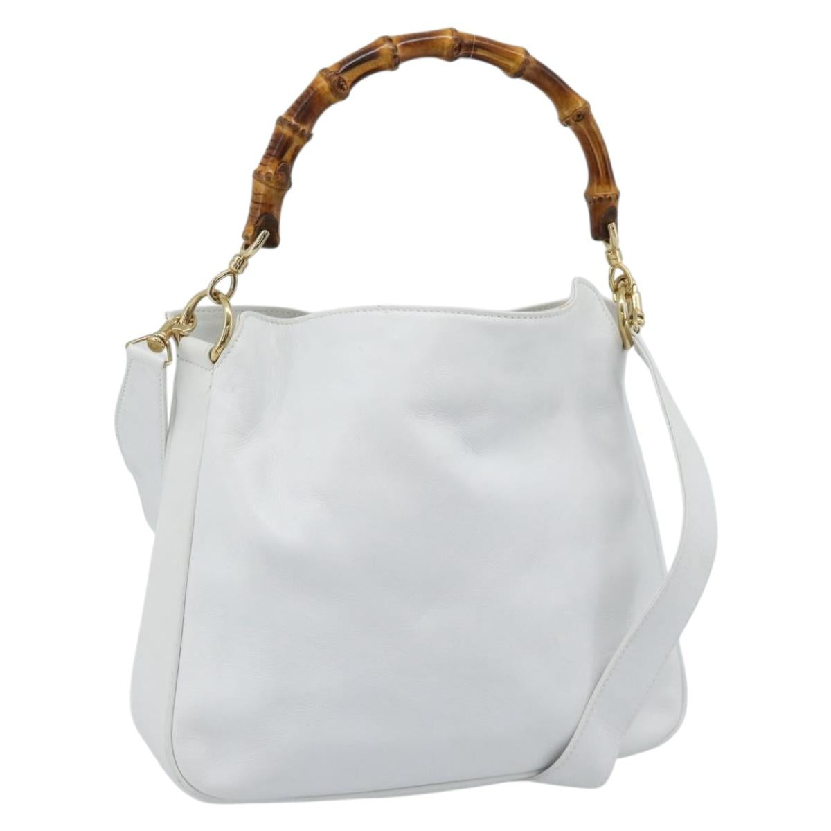 GUCCI Bamboo Shoulder Bag Leather 2way White Gold 001 2113 1638 Auth 182303
