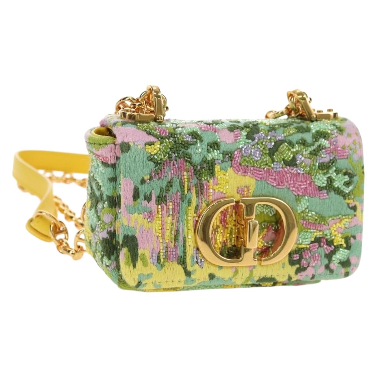 Christian Dior Caro Chain Shoulder Bag Canvas Beads Green Gold Auth 182308SM