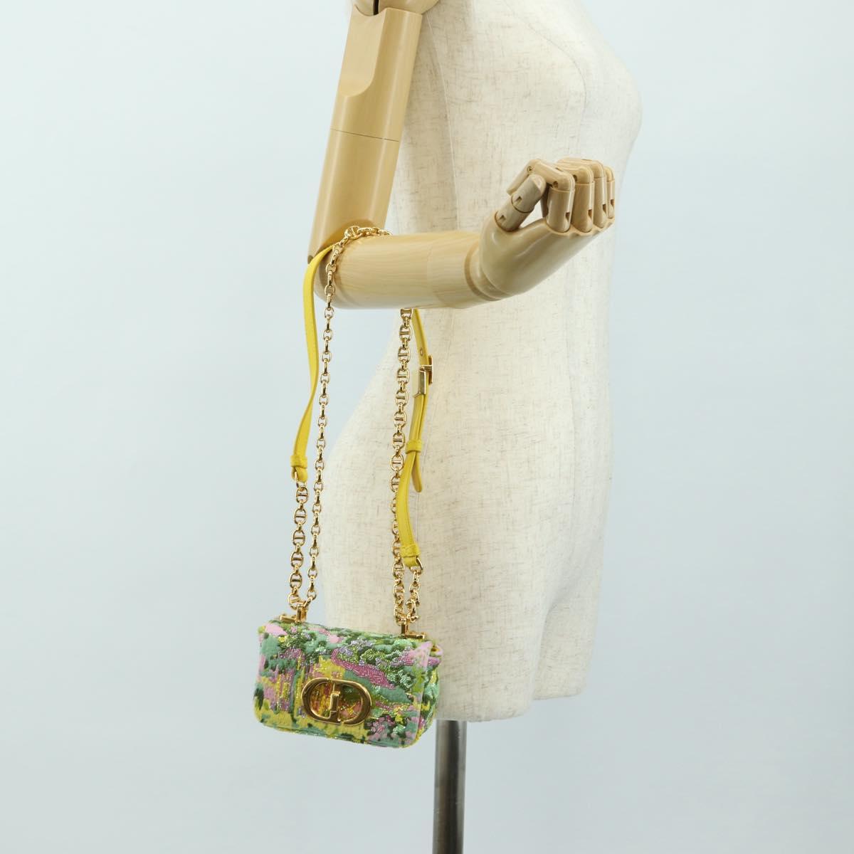 Christian Dior Caro Chain Shoulder Bag Canvas Beads Green Gold Auth 182308SM
