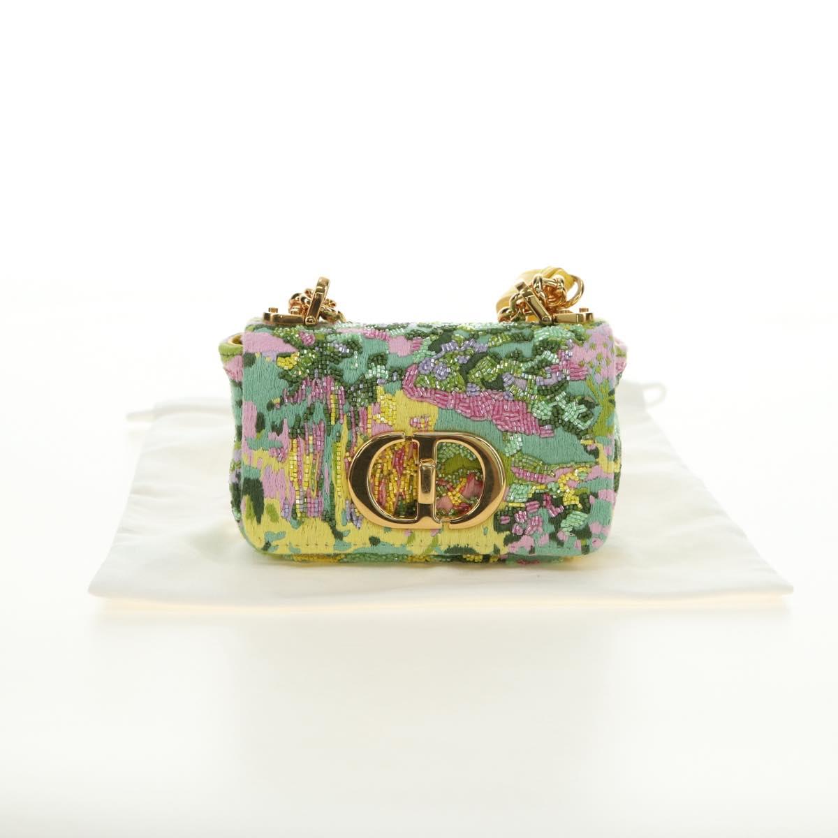 Christian Dior Caro Chain Shoulder Bag Canvas Beads Green Gold Auth 182308SM
