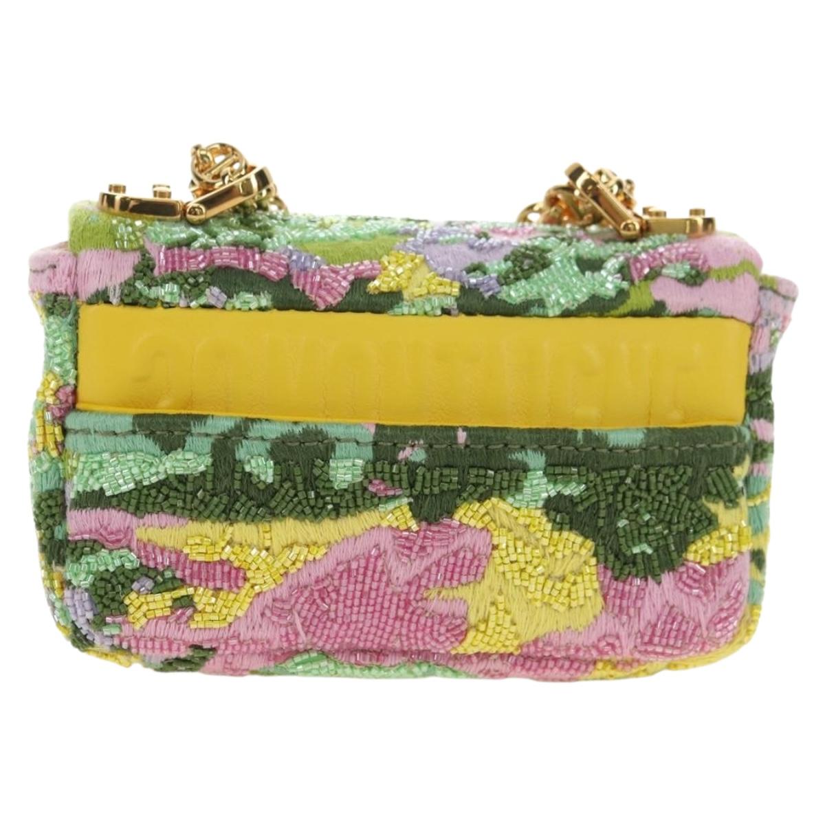 Christian Dior Caro Chain Shoulder Bag Canvas Beads Green Gold Auth 182308SM
