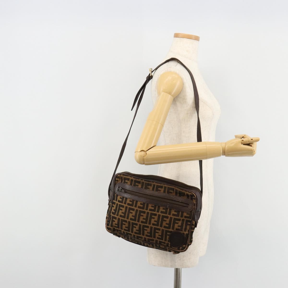 FENDI Zucca Canvas Shoulder Bag Black Brown Auth 182351