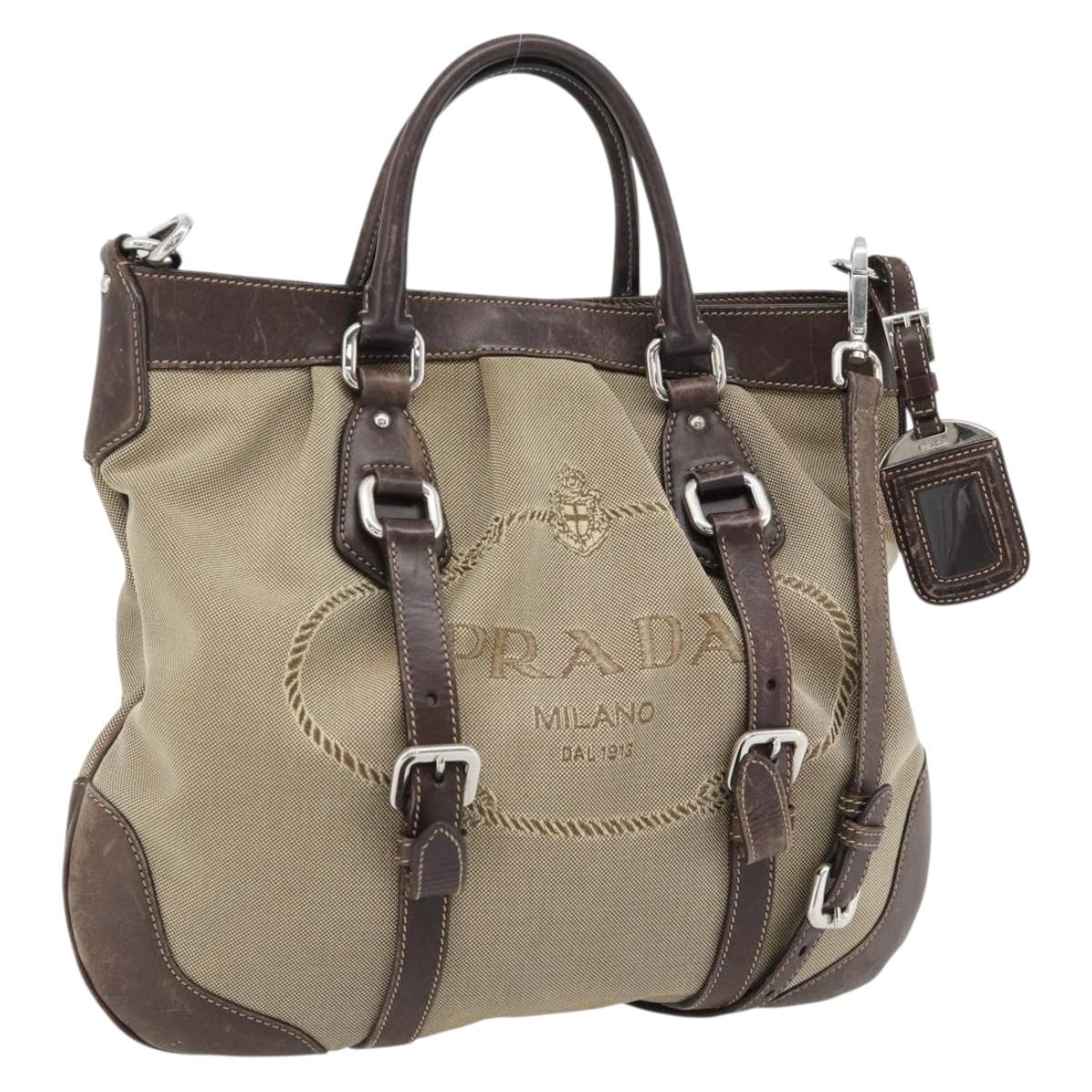 PRADA Hand Bag Canvas Leather 2way Beige Silver Auth 182357