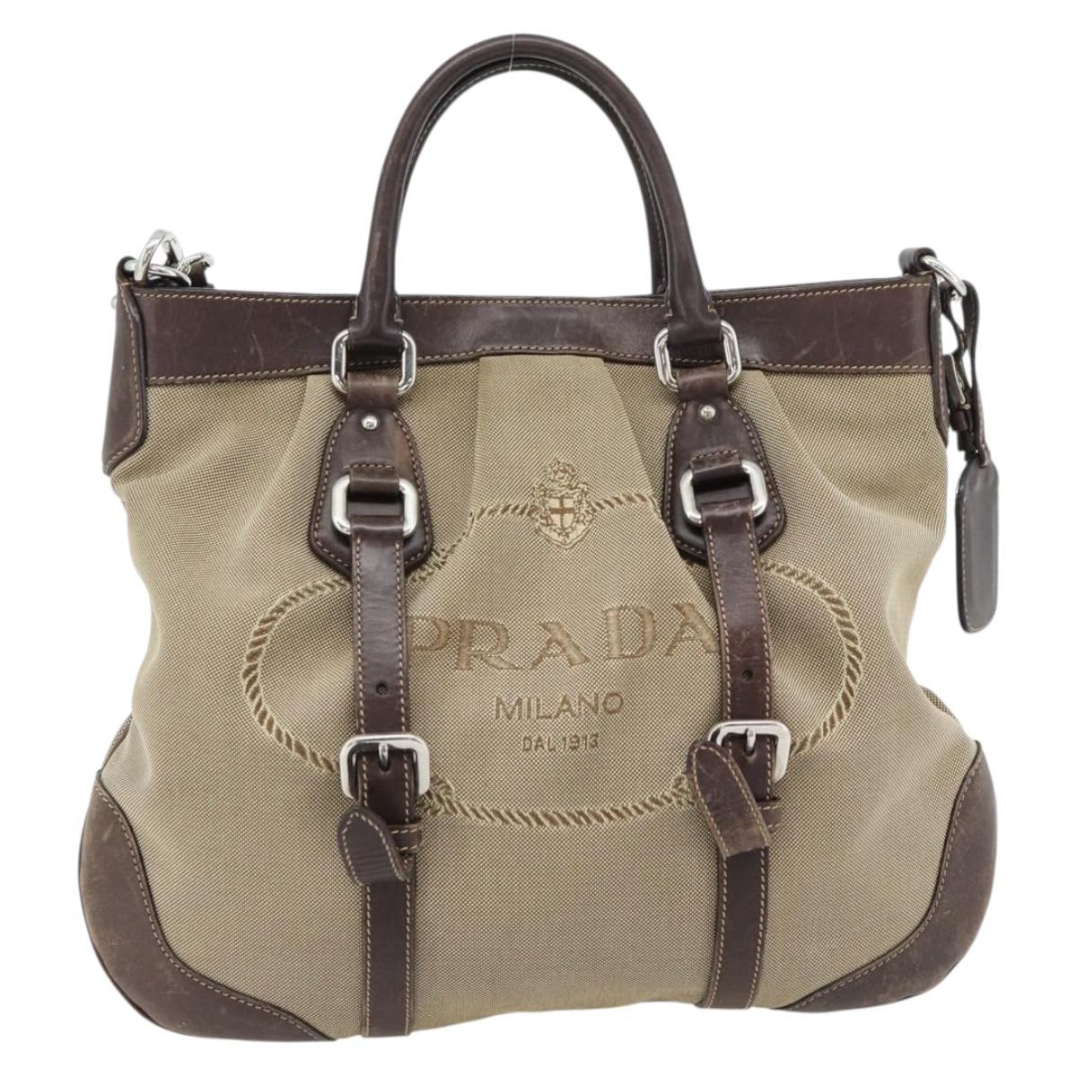 PRADA Hand Bag Canvas Leather 2way Beige Silver Auth 182357