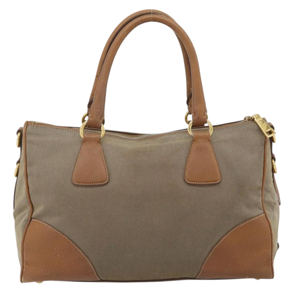 PRADA Hand Bag Canvas Leather Brown Gold Auth 182363