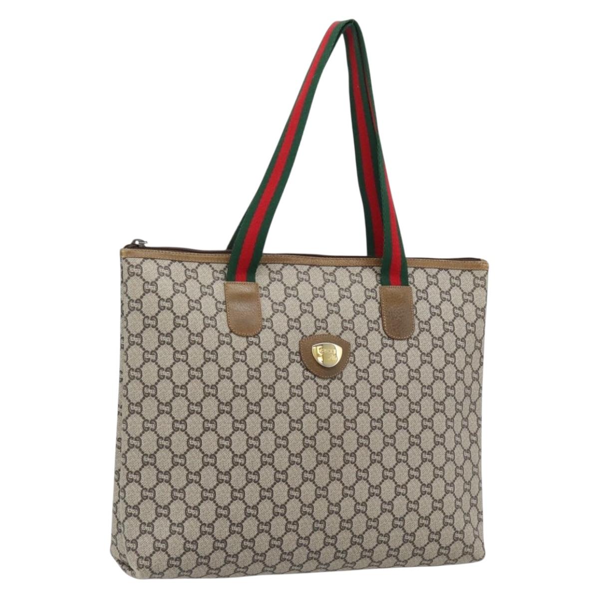 GUCCI GG Plus Supreme Web Sherry Line Tote Bag PVC Beige Red Green Auth 182365