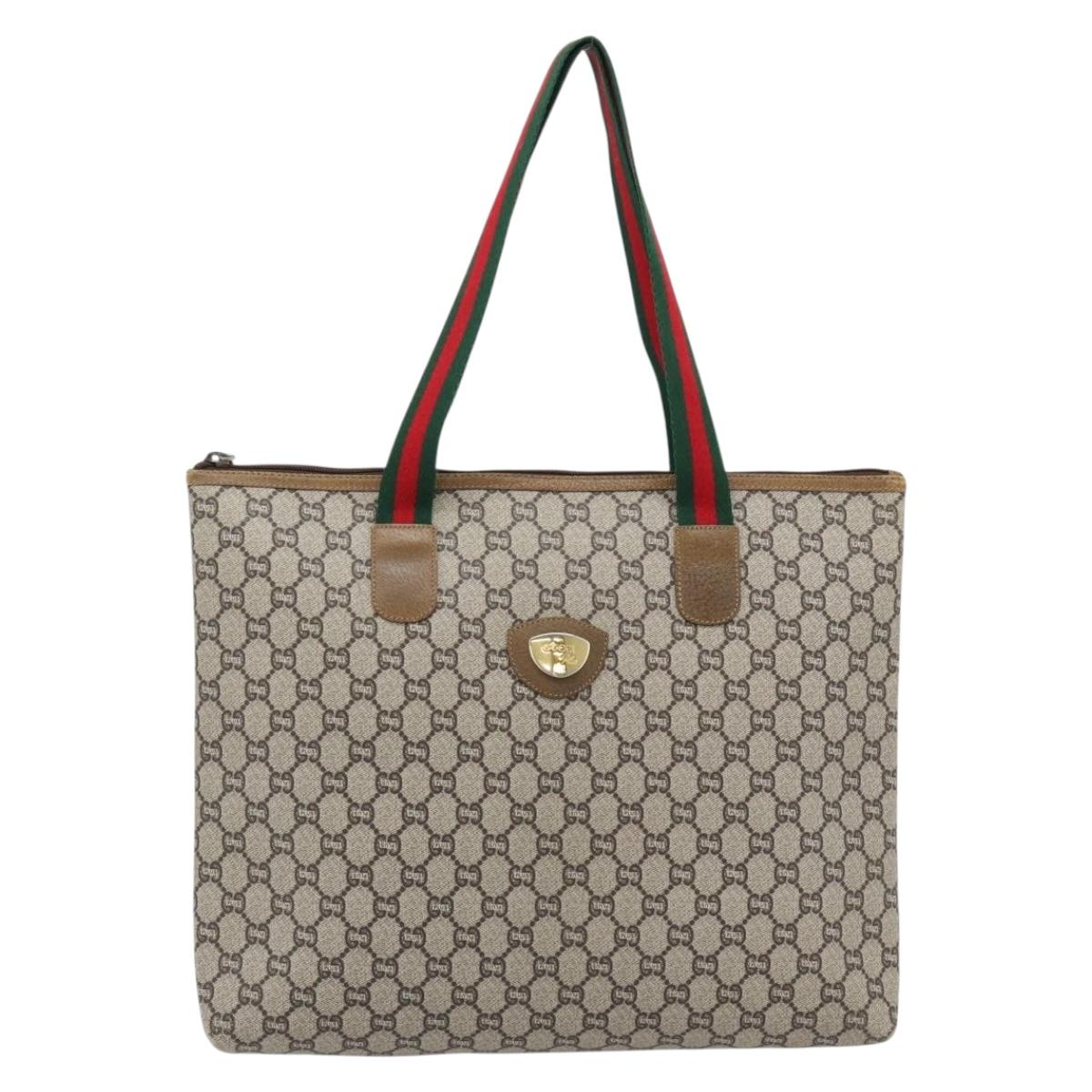 GUCCI GG Plus Supreme Web Sherry Line Tote Bag PVC Beige Red Green Auth 182365