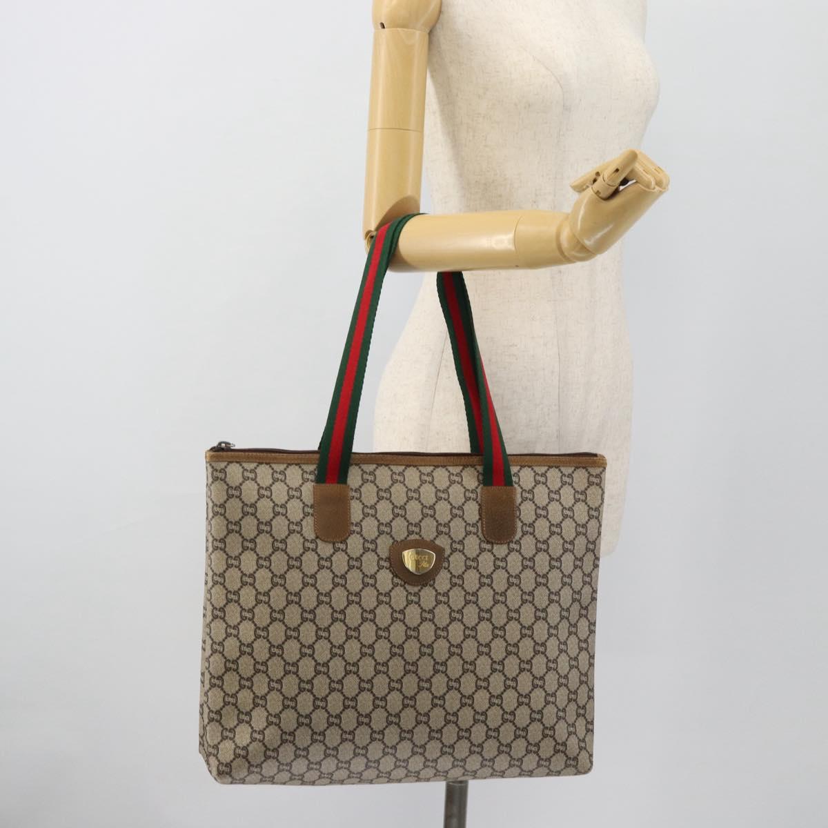 GUCCI GG Plus Supreme Web Sherry Line Tote Bag PVC Beige Red Green Auth 182365