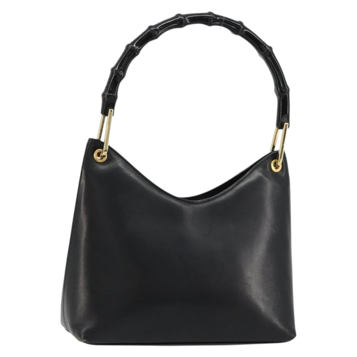 GUCCI Bamboo Shoulder Bag Leather Black Gold 001 3008 Auth 182382