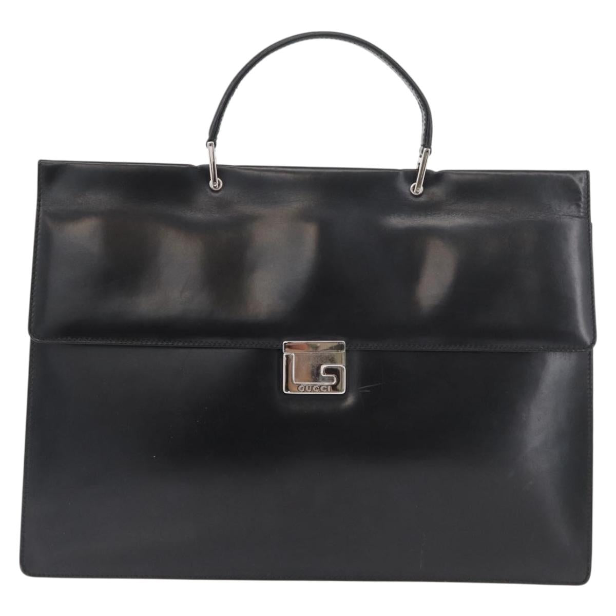 GUCCI Business Bag Leather Black Silver Auth 182384