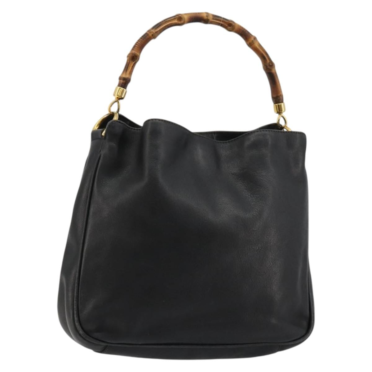 GUCCI Bamboo Hand Bag Leather Black Gold Auth 182385