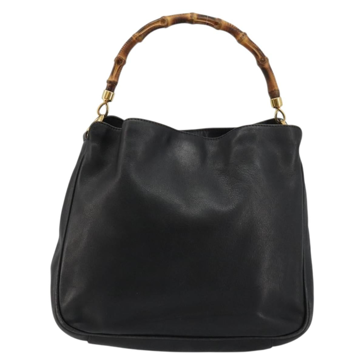 GUCCI Bamboo Hand Bag Leather Black Gold Auth 182385