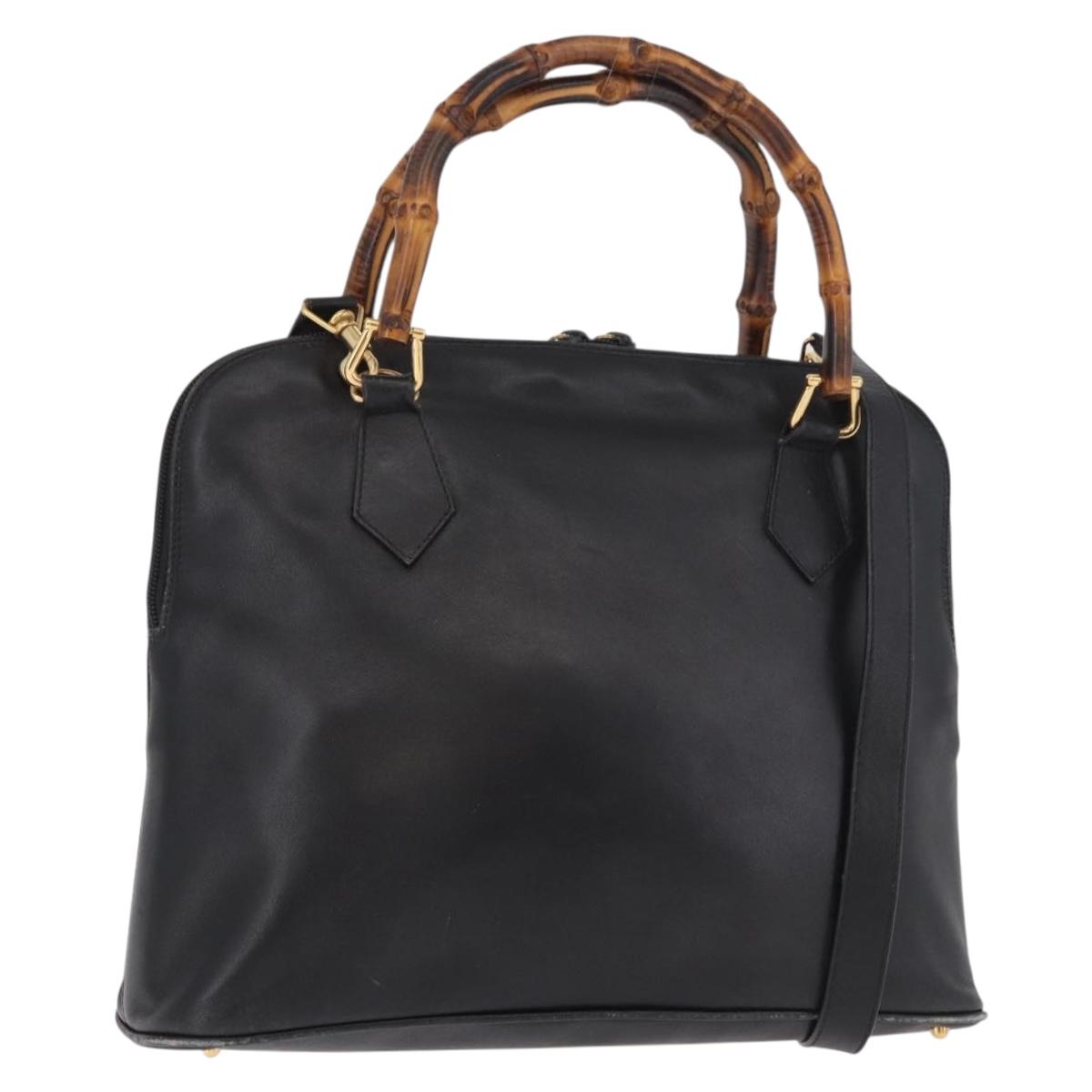 GUCCI Bamboo Hand Bag Leather 2way Black Gold 000 3780 0289 Auth 182386