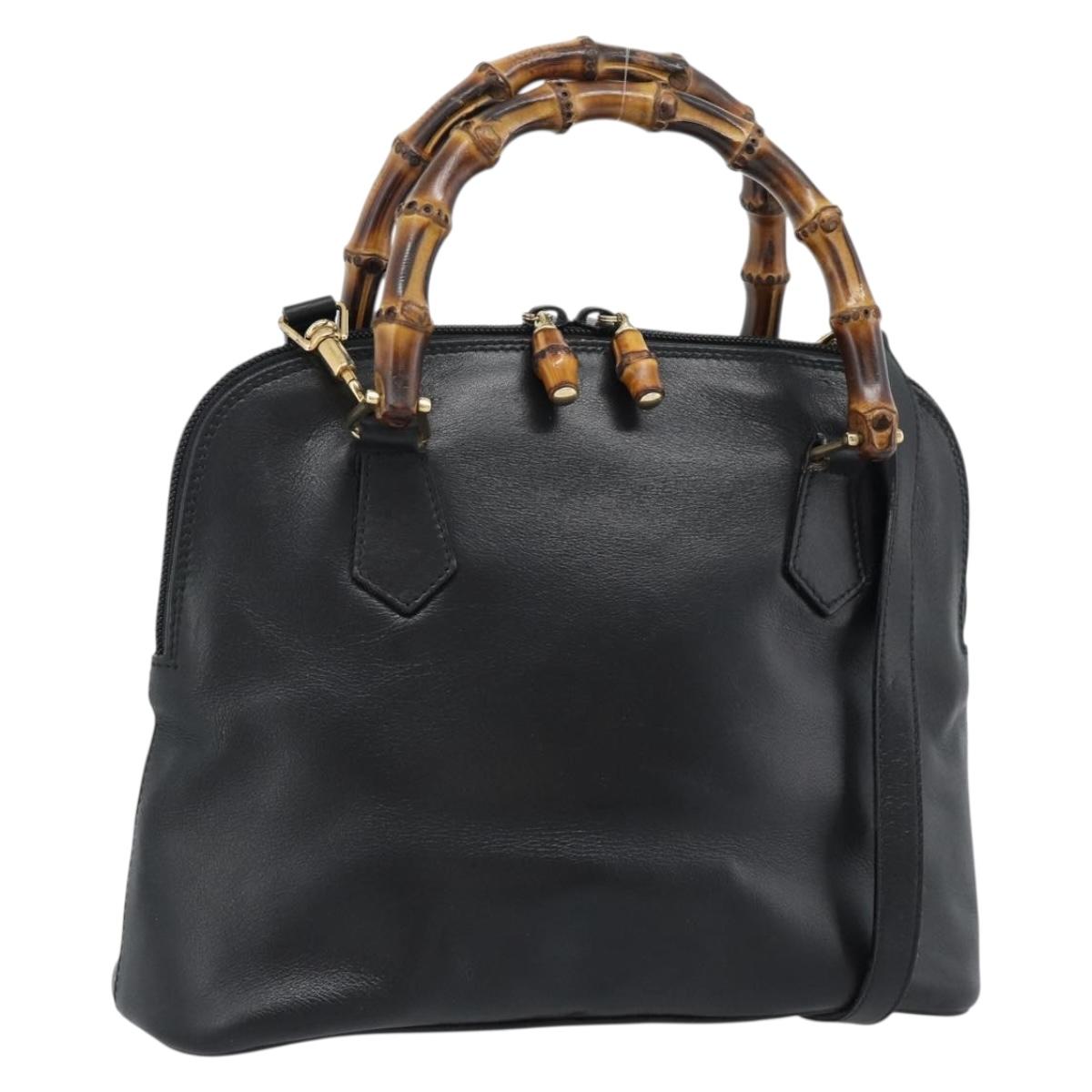 GUCCI Bamboo Hand Bag Leather 2way Black Gold 000 122 0290 Auth 182387