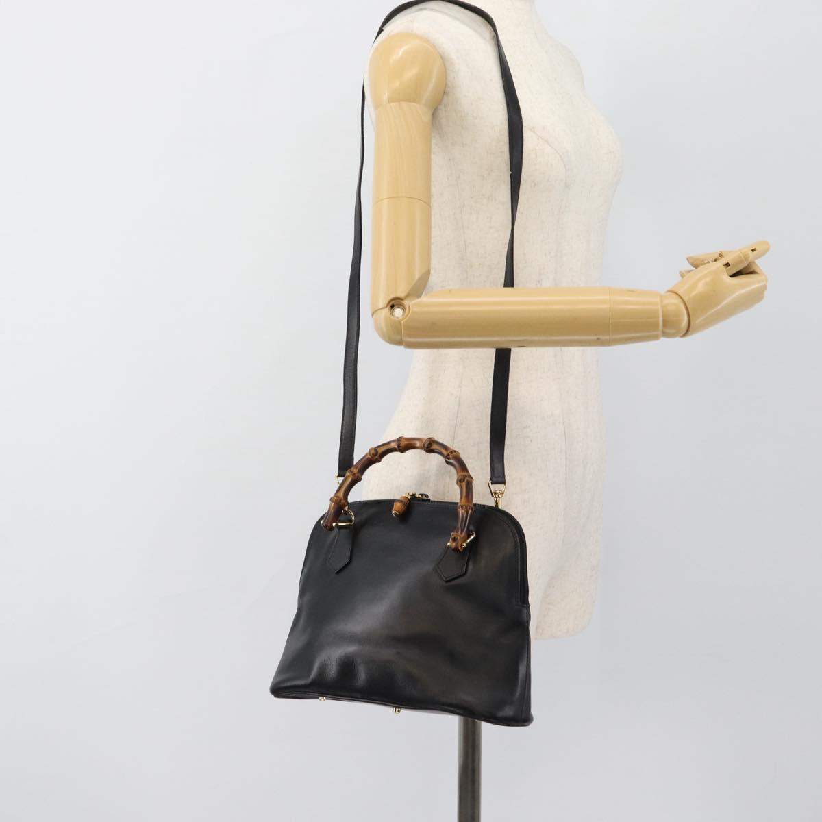 GUCCI Bamboo Hand Bag Leather 2way Black Gold 000 122 0290 Auth 182387