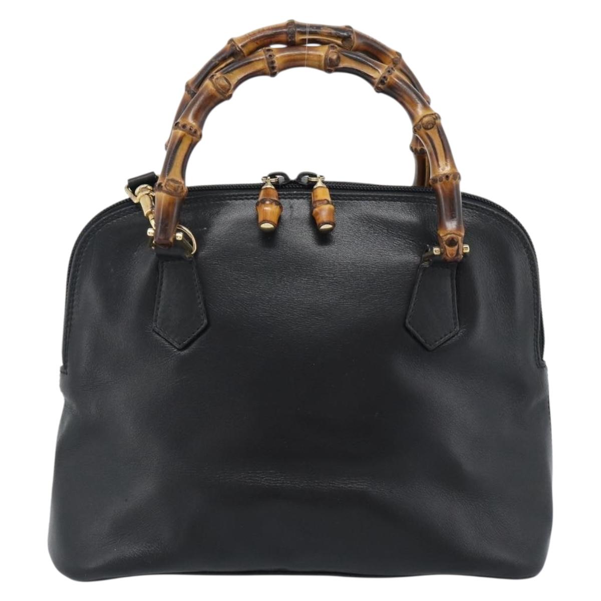 GUCCI Bamboo Hand Bag Leather 2way Black Gold 000 122 0290 Auth 182387