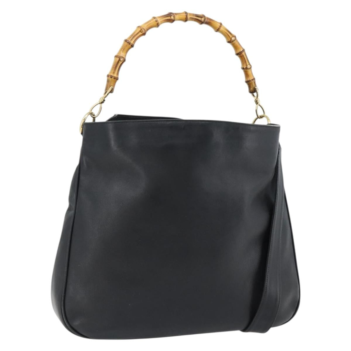GUCCI Bamboo Hand Bag Leather 2way Black Gold 001 1577 1781 Auth 182389