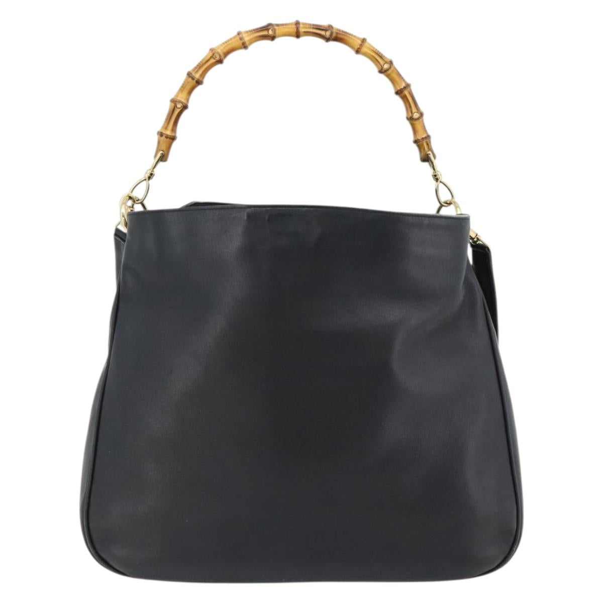 GUCCI Bamboo Hand Bag Leather 2way Black Gold 001 1577 1781 Auth 182389