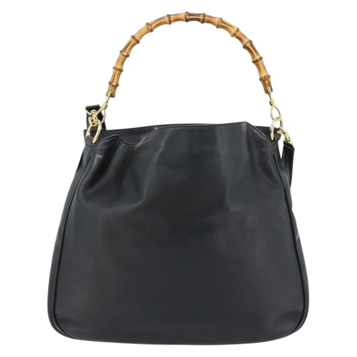 GUCCI Bamboo Hand Bag Leather 2way Black Gold 001 1577 1781 Auth 182389