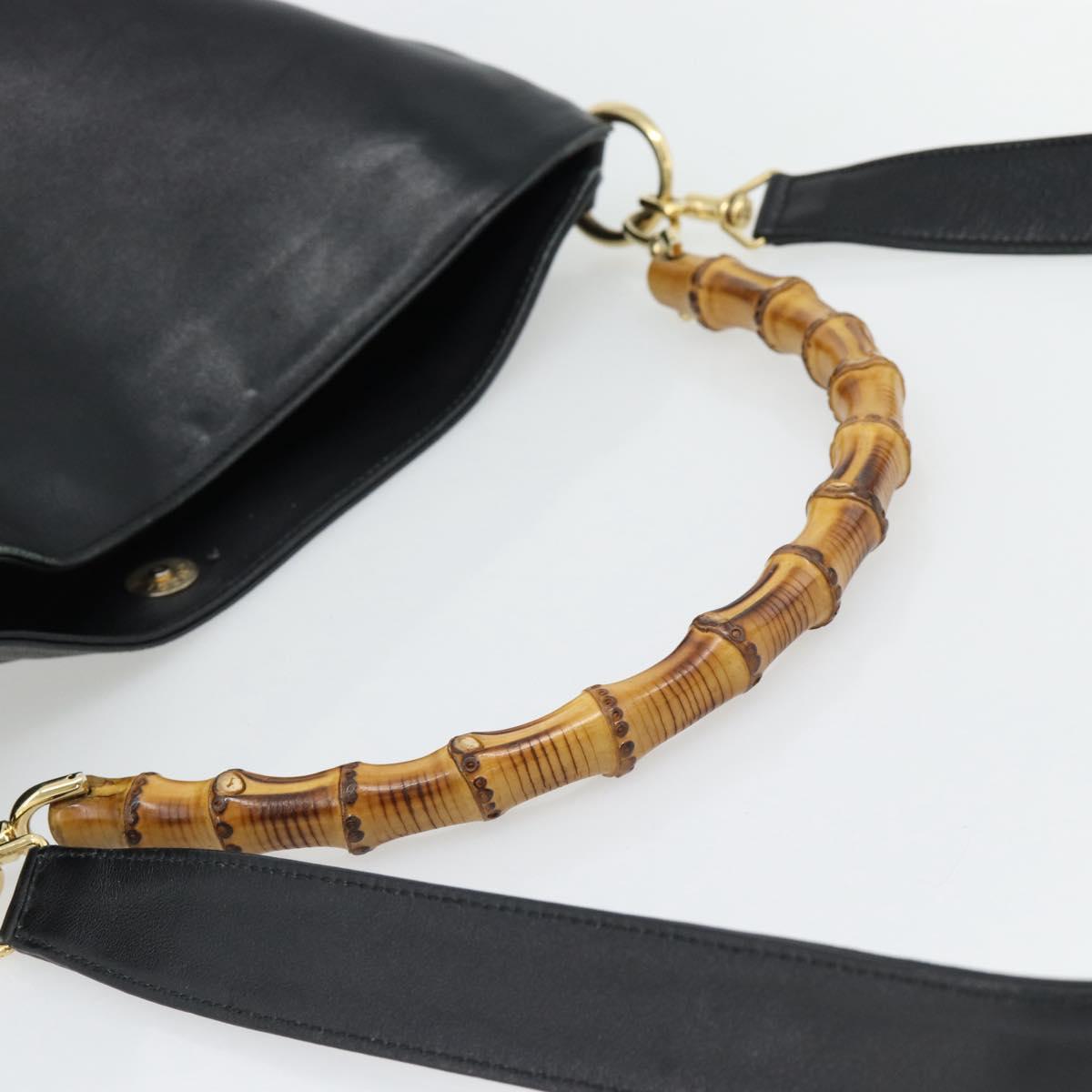 GUCCI Bamboo Hand Bag Leather 2way Black Gold 001 1577 1781 Auth 182389