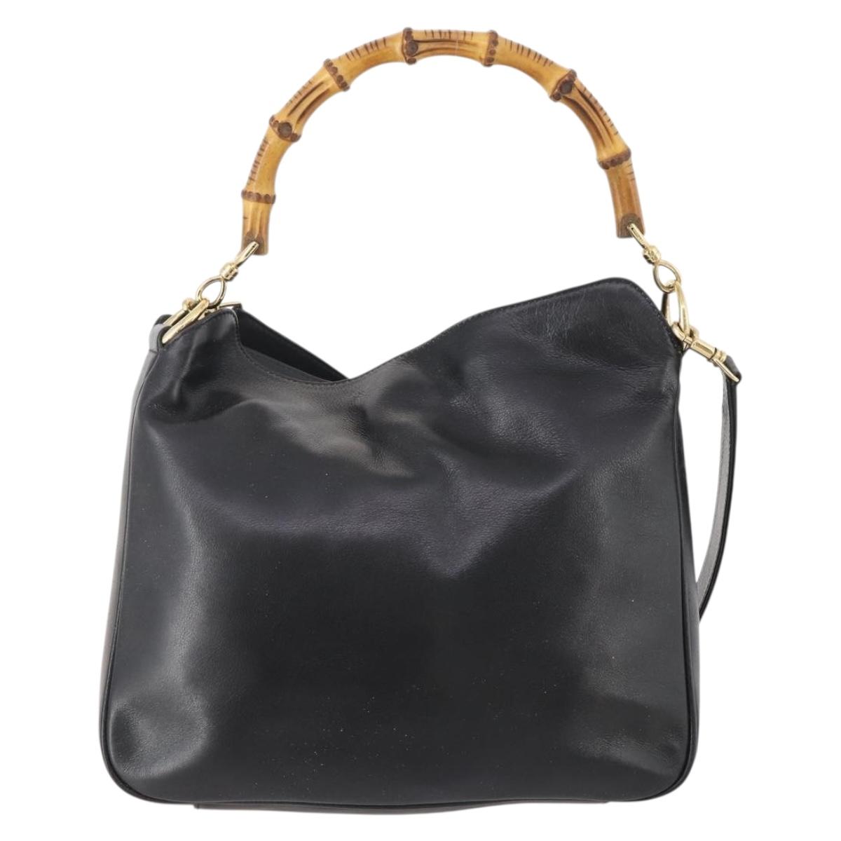 GUCCI Bamboo Hand Bag Leather 2way Black Gold 001 1705 1638 Auth 182390