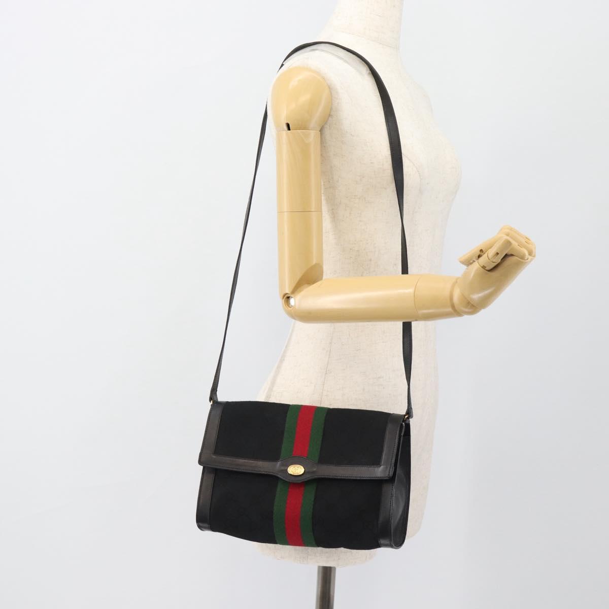 GUCCI GG Canvas Web Sherry Line Shoulder Bag Black Gold Red Auth 182398
