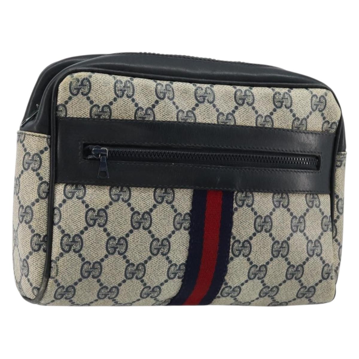 GUCCI GG Supreme Sherry Line Clutch Bag PVC Navy Red Auth 182400