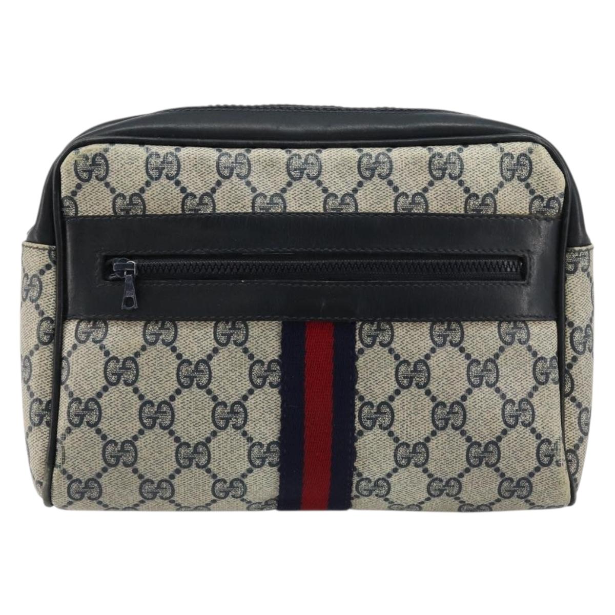 GUCCI GG Supreme Sherry Line Clutch Bag PVC Navy Red Auth 182400