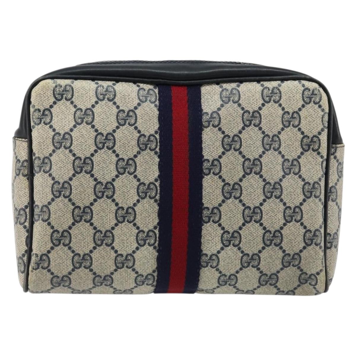 GUCCI GG Supreme Sherry Line Clutch Bag PVC Navy Red Auth 182400